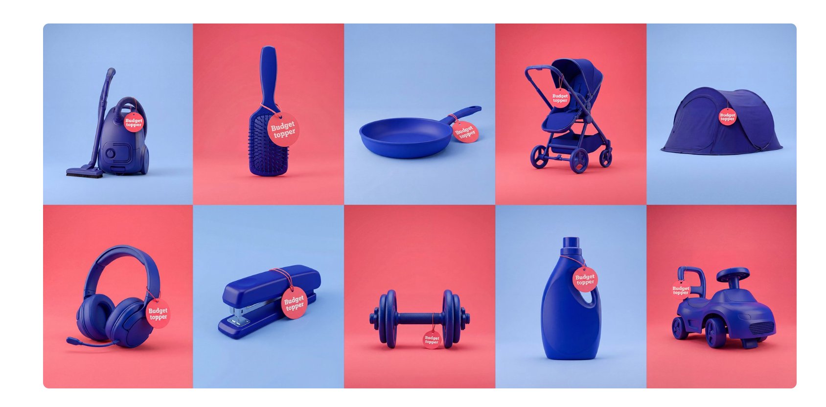 Bol Budget topper — ten cobalt blue products on alternating coral and blue backgrounds